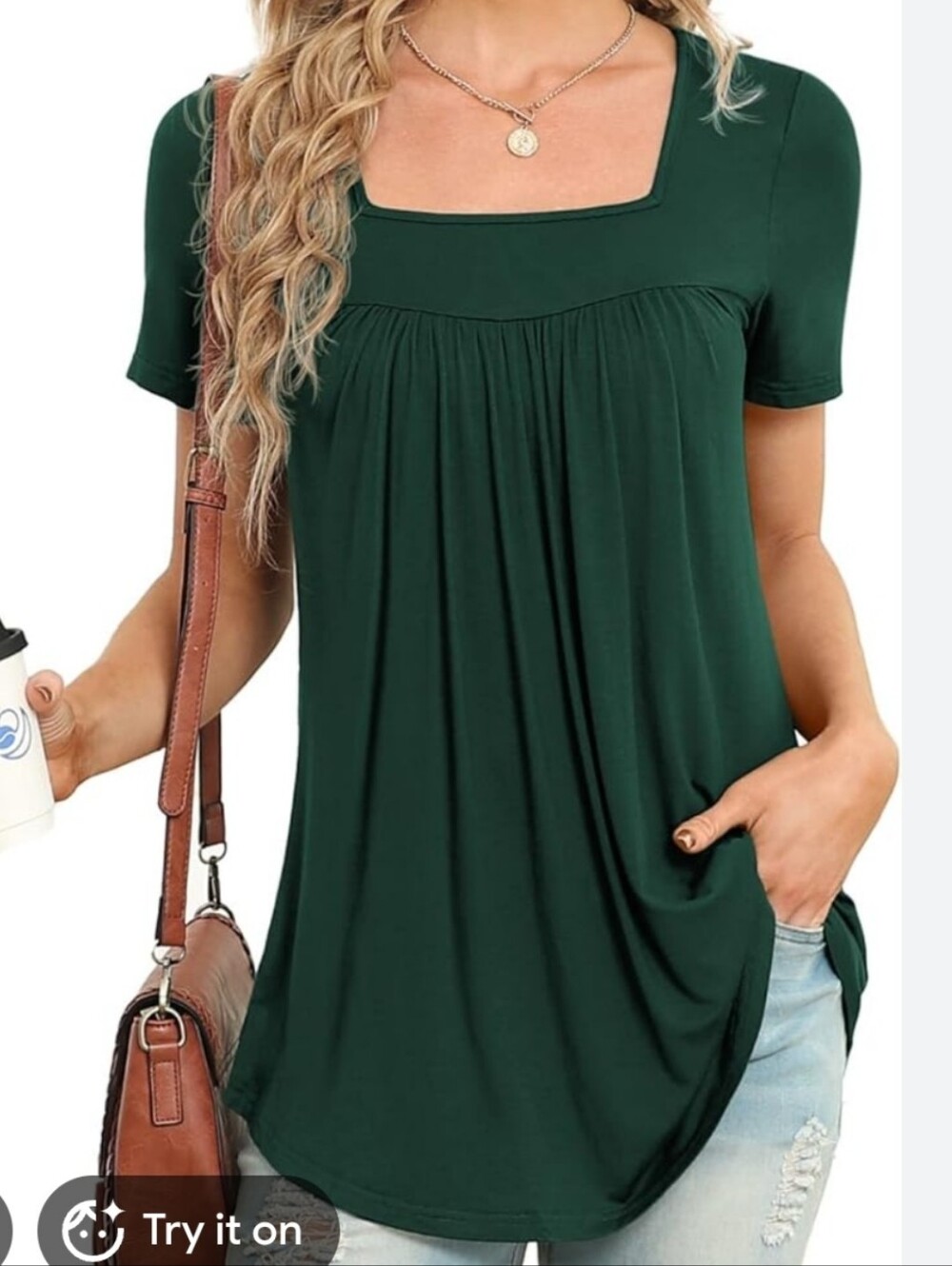 Xpenyo Short Slve Pleated Flowy Square Neck Tunic Top - Dark Green Sz XXL